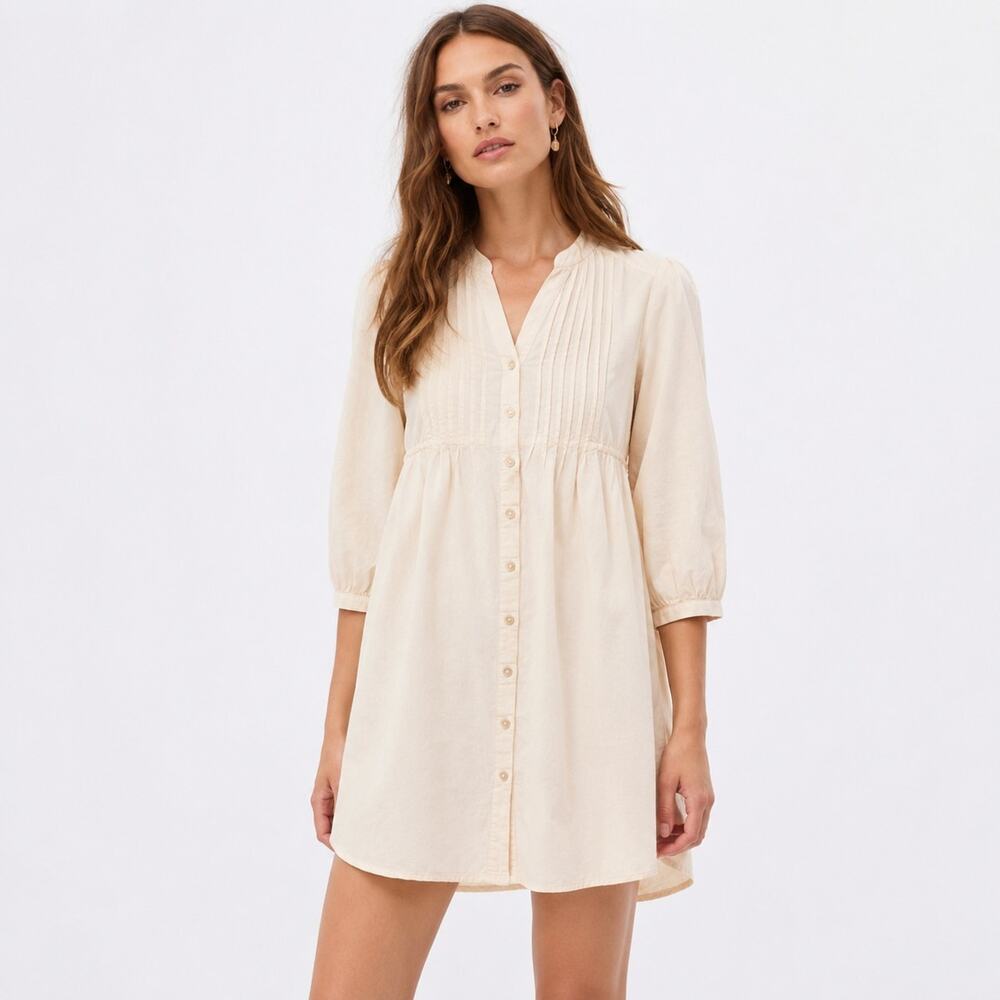H&M Women’s Size 8 Cream 100% Cotton Pintuck Button Front Mini Dress Boho